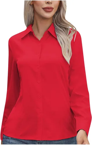 Vista 7 de Womens Button Down Shirts Collared Long Sleeve Solid Color Dressy Blouses Business Casual Office Work Tops