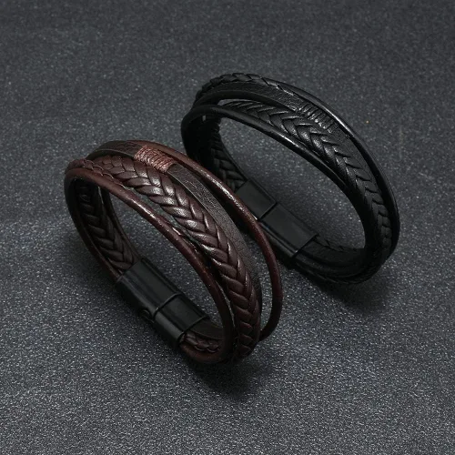 Vista 4 de Pulsera trenzada marrón casual de cuero negro para hombre