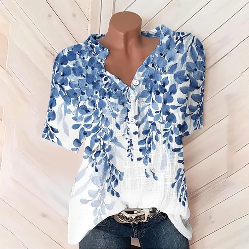 Vista 3 de Blusas casuales de lino y algodón para mujer, con estampado floral, manga corta, con botones y cuello en V