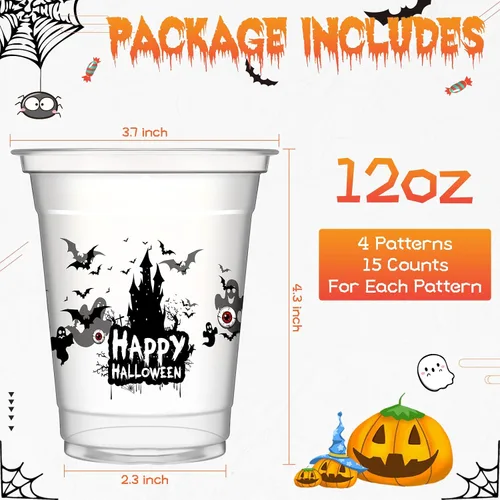Vista 2 de CHENGU Vasos de plástico transparente desechables para fiesta de Halloween, vasos de plástico transparente impresos para decoración de fiestas