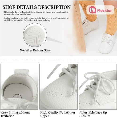 Vista 4 de Meckior Mocasines clásicos de piel sintética para bebés, niños y niñas, zapatos de vestir Oxford para primeros pasos, zapatos planos para cuna
