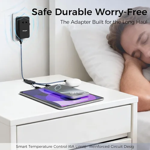 Vista 6 de Adaptador de viaje universal, adaptador de corriente internacional con 1 salida de CA, 1 USB-A y 2 puertos USB-C, funciona en más de 150 países