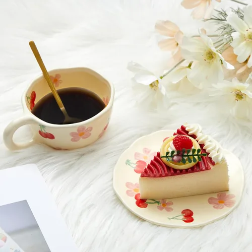 Vista 5 de Vesici 1 juego de tazas de café de cerámica con platillo y cuchara, bonitos regalos para el día de la madre para mamá, 8.5 onzas, taza de té floral