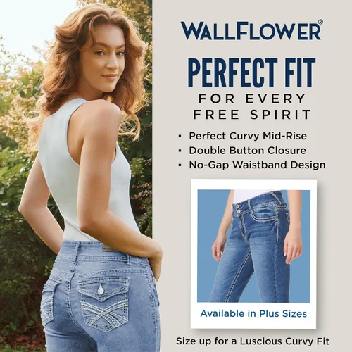 Vista 6 de WallFlower Vaqueros Luscious Curvy de 23.5” de cintura media para mujer, jeans de mezclilla Insta Stretch para juniors Albahaca
