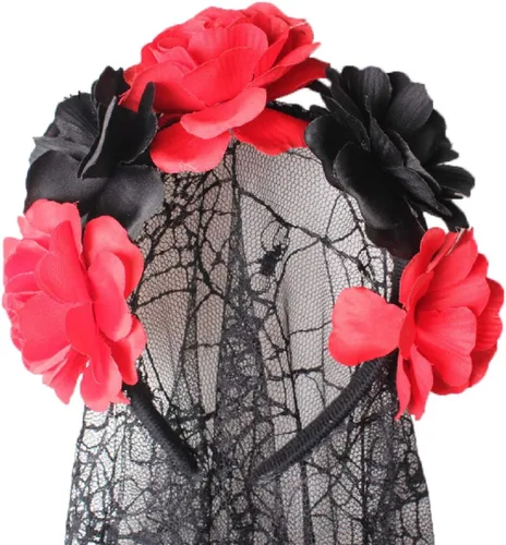 Vista 2 de ANIUHL Diadema mexicana con corona de rosas para mujer con velo muerto