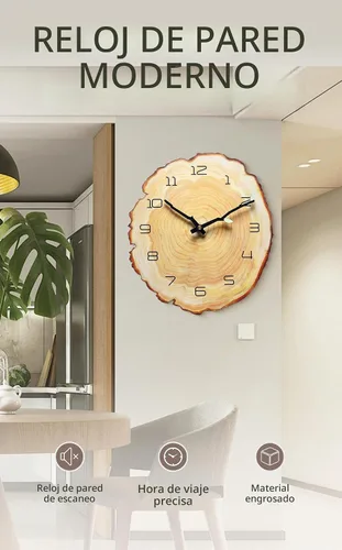 Vista 4 de Reloj de pared anual de 12 pulgadas, reloj de tocón de grano de madera con números arábigos, funciona con pilas, movimiento de cuarzo silencioso