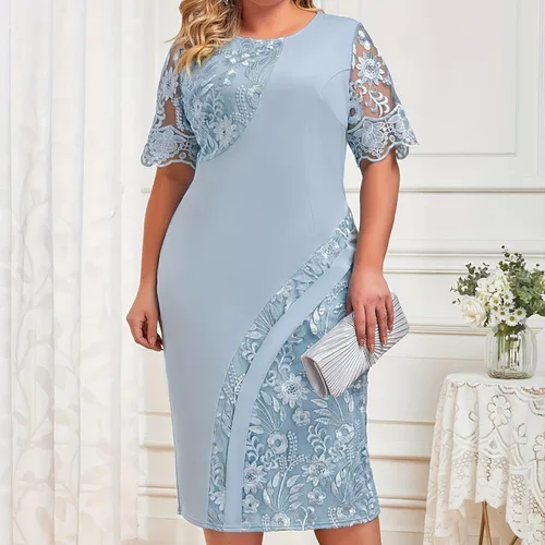 Vista 6 de Vestido de talla grande elegante floral bordado midi para mujer, cuello redondo, manga corta, detalles de encaje, fiestas perfectas, bailes
