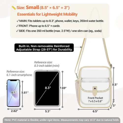 Vista 6 de Bolso bandolera transparente SPODEARS para eventos en estadios y conciertos - Cartera con correa de hombro ajustable con 1 soporte para botella