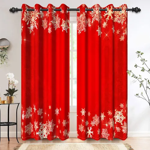 Vista 22 de Renaiss Cortinas opacas de Navidad con tablones de madera rústica para dormitorio, con ojales, estampado de copos de nieve navideños, cortinas