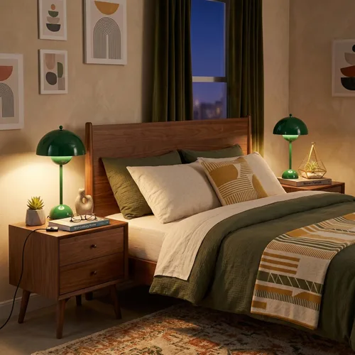 Vista 5 de Lámpara de mesa moderna Mid-Century Bud para dormitorio, con certificación Verde cazador