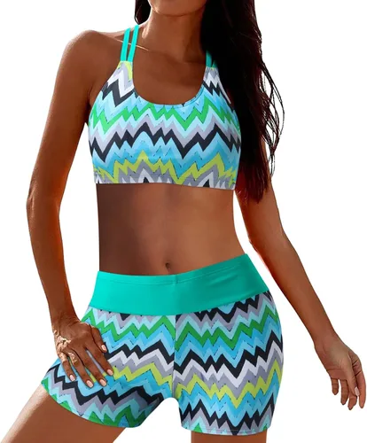 Vista 3 de Traje de baño tankini para mujer 3 piezas camiseta sin mangas con pantalones cortos para niño traje de baño para mujer traje de baño verde menta M
