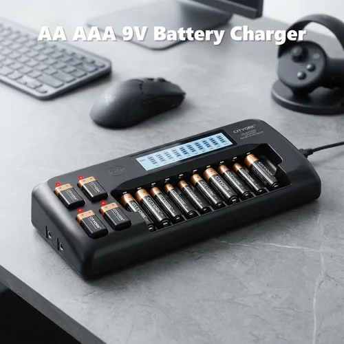 Vista 3 de CITYORK Cargador de batería AA AAA 9V de 10+4 bahías, pantalla LCD inteligente con función de descarga, 10 bahías para baterías recargables AA/AAA