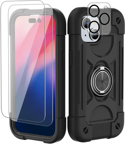Vista 128 de Funda para iPhone 11 de 6.1 pulgadas con soporte de anillo, con 2 protectores de pantalla de vidrio, resistente a los golpes, resistente a