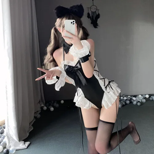 Vista 4 de Temptshow Pijama sexy de gasa para mujer para cosplay uniforme de anime coño doncella francesa
