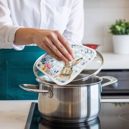 Vista 4 de Juego de soportes para ollas de Pascua azules para cocina, platos de sartén para horno, tapete a prueba de calor con lazo para colgar, agarraderas