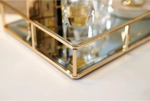 Vista 5 de Bandeja con espejo PuTwo, bandeja dorada para cómoda, bandeja decorativa de metal, bandeja de joyas y perfumes, bandeja para maquillaje para Dorado