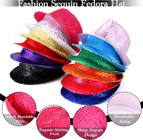 Vista 2 de 6 piezas de sombrero de lentejuelas occidentales Fedora sombreros de baile brillantes sombreros de lentejuelas brillantes para hombre y mujer