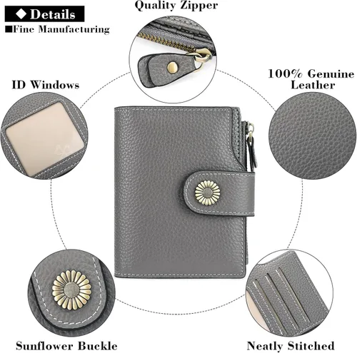 Vista 5 de FALAN MULE Cartera pequeña para mujer, de piel auténtica, plegable, compacta, pequeña, con bloqueo RFID, Gris oscuro, Casual