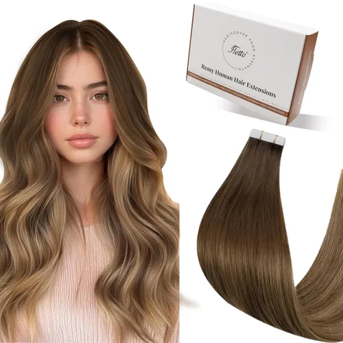 Vista 32 de 【Descuento】Hetto - Extensiones de cabello con cinta adhesiva, 40g, extensiones de cabello humano, color rubio ceniza oscuro degradado a rubio medio