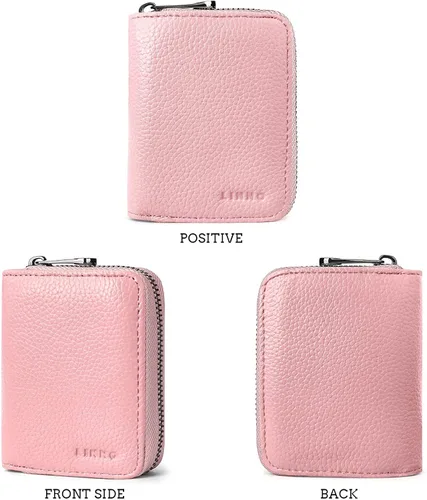 Vista 5 de Linno RFID 20 ranuras titular de la tarjeta de crédito de cuero genuino pequeña cartera para mujeres u hombres con cremallera