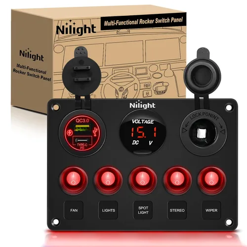 Vista 10 de Nilight 90101E Panel de Interruptores Basculantes Multifunción de 5 Posiciones con Cargador USB Dual + Voltímetro Digital + Toma de 12V Precableado