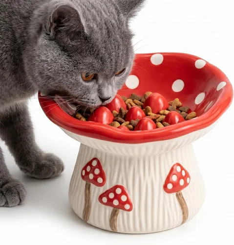 Vista 8 de Casfuy Cuenco de comida para gatos y perros de cerámica con forma de hongos