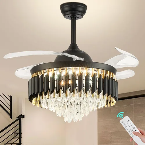 Vista 10 de Ventilador de techo LED de cristal de 22 pulgadas con luz, lámparas pequeñas regulables de 6 velocidades con temporizador, ventilador Chandeleir