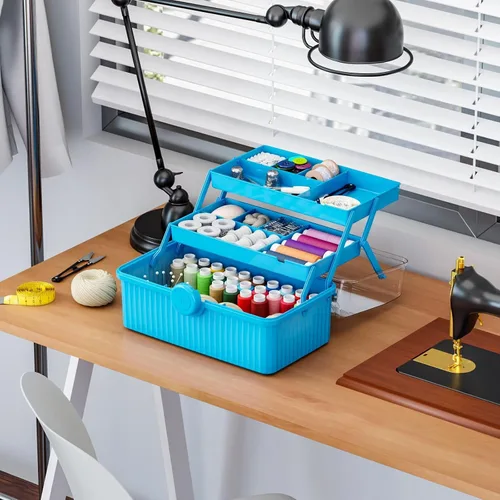Vista 6 de Caja de plástico de 3 capas para manualidades y caja de herramientas para manualidades, caja de almacenamiento de plástico multiusos con asa