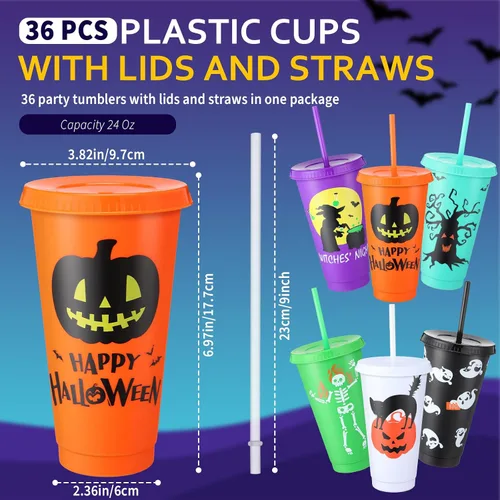 Vista 2 de Mifoci 36 vasos de plástico de Halloween para niños a granel con tapas y (Classic Color)