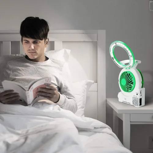 Vista 5 de Ventilador solar multifunción, ventilador eléctrico de camping al aire libre de 4000 mAh con panel solar, MP3/lámpara de mesa/antorcha/función