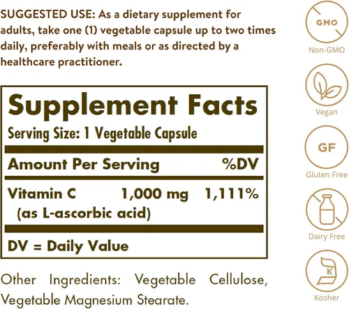 Vista 2 de Solgar Vitamina C 1000 mg, 100 cápsulas vegetales – Antioxidante y apoyo inmunológico – Salud general – Piel y articulaciones saludables