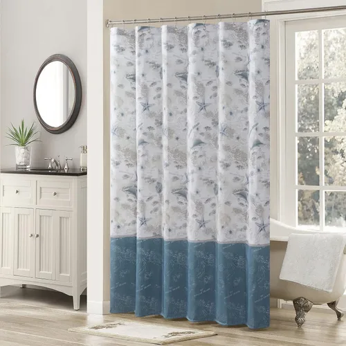 Vista 17 de Juego de 3 cortinas de cocina de tela de poliéster estampada azul aviación océano moderno impermeable blanco, cenefa de 42" de ancho x 12" de largo