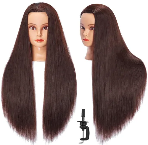 Vista 8 de Cabeza de maniquí 26-28" Cabeza de maniqui de fibra sintética Yaki para peluquería, modelo de entrenamiento de cosmetología, cabeza de muñeca