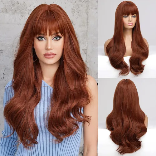 Vista 10 de HAIRCUBE - Peluca marrón con reflejos rubios, peluca larga y rizada con flequillo, peluca marrón de apariencia natural, peluca sintética resistente