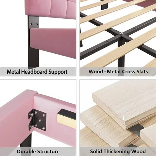 Vista 5 de Lijimei Base de cama de tamaño matrimonial con cabecero, base de cama tapizada con soporte de listones de madera y cabecera de plataforma, base