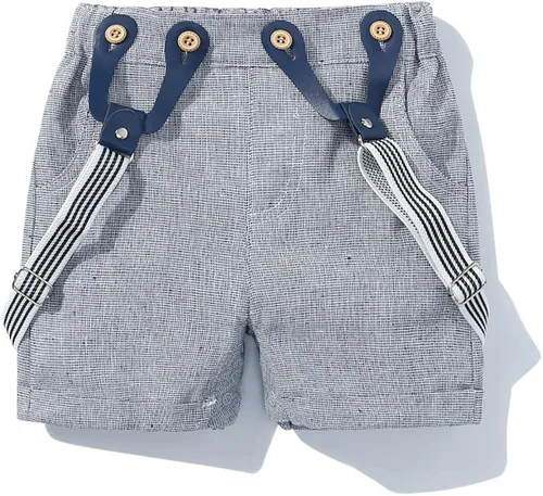 Vista 3 de Conjunto de traje para pequeño bebé caballero, camiseta de manga corta para bebe+babero+pantalones+corbata de moño+ overol.
