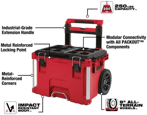 Vista 2 de Milwaukee Packout - Kit combinado de caja de herramientas de polímero resistente, cajas grandes, estándar y con ruedas