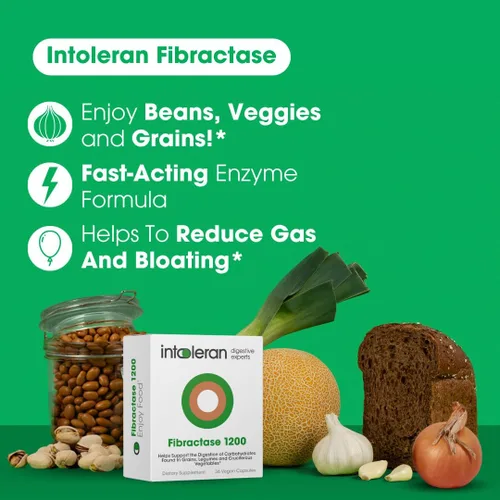 Vista 3 de Intoleran Fibractase 1200 Enzimas digestivas - 36 cápsulas Suplemento para la intolerancia a los fructanos y galactanos Ayuda a digerir