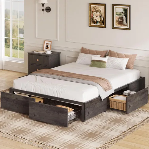 Vista 11 de LIKIMIO Base de cama King con 4 cajones de almacenamiento, color gris Gris carbón