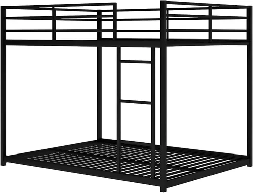 Vista 5 de Litera baja de tamaño matrimonial con escalera, litera de metal con barandillas de seguridad para niños, adolescentes y adultos, no requiere somier