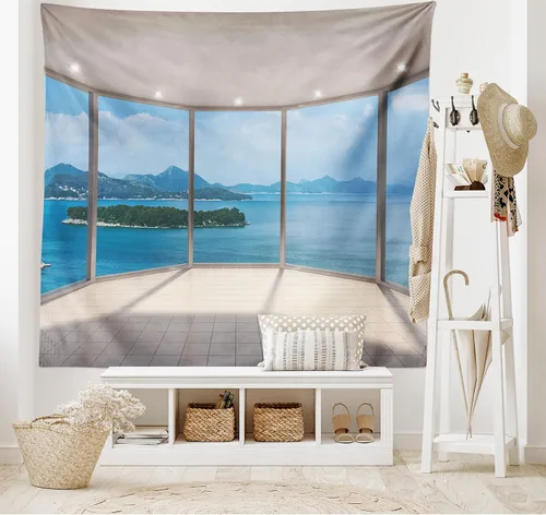 Vista 2 de Ambesonne Tapiz moderno, sala de estar vacía, ventana grande y vista al mar, arquitectura contemporánea, colgante de pared ancho para dormitorio