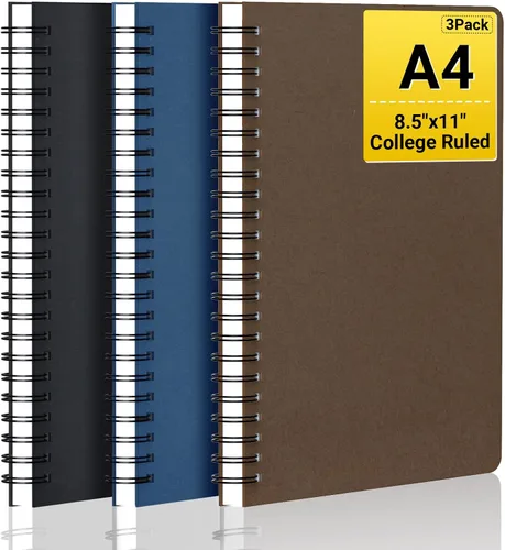 Vista 10 de EUSOAR Cuaderno de espiral con rayas universitarias, 3 paquetes A4 de 11 x 8-1/2 pulgadas, tapa dura, diario negro, 120 páginas/60 hojas de papel