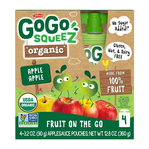 Vista 4 de GoGo squeeZ Puré de manzana orgánico y puré de fruta sin azúcar añadido, manzana manzana, bolsas de 3.2 onzas (paquete de 48), aperitivos de frutas