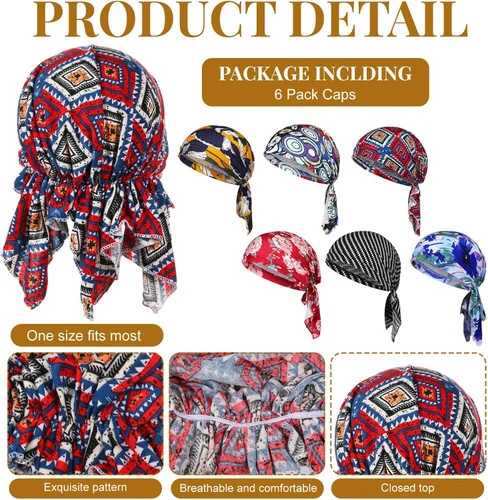 Vista 7 de Geyoga 6 unidades de bufanda para la cabeza para mujer, bufandas preatadas, gorros, gorros, con estampado elástico, para dormir, turbante, bufanda