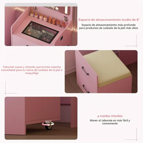 Vista 5 de HNEBC - Escritorio de tocador 3 en 1 con espejo LED con tapa abatible para dormitorio, color rosa