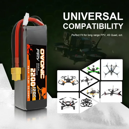 Vista 4 de OVONIC 4s Lipo Batería 120C 2200mAh 14.8V Lipo Batería con XT60 Conector forRC FPV Racing Drone Quadcopter