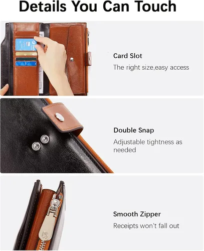 Vista 5 de BOSTANTEN Carteras de cuero para mujer, bloqueo RFID, gran capacidad, triple tarjetero, embrague para teléfono