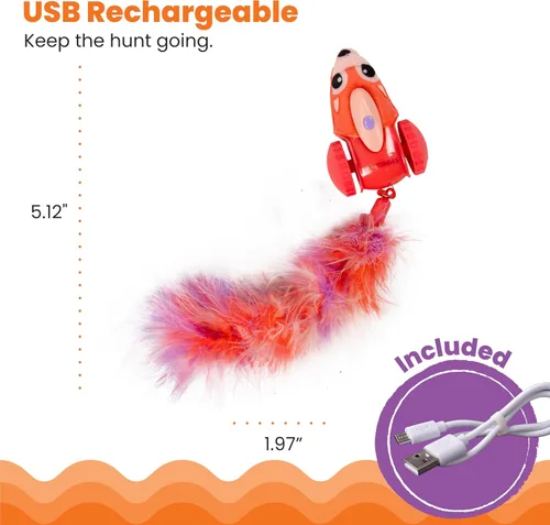 Vista 5 de Catstages Racin' Squirrel Robot, juguete electrónico para gatos en movimiento con plumas, recargable por USB, rojo