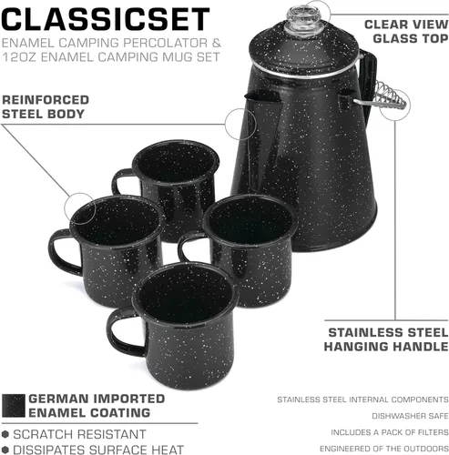 Vista 2 de COLETTI Juego Clásico de Cafetera Percoladora de Esmalte y Tazas — La Cafetera de Camping Más Nostálgica, Ahora Modernizada