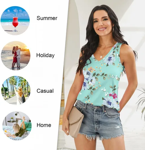 Vista 4 de LONGYUAN - Camisetas sin mangas de verano para mujer con diseño casual y holgado, blusa tipo túnica con cuello en V y aberturas laterales